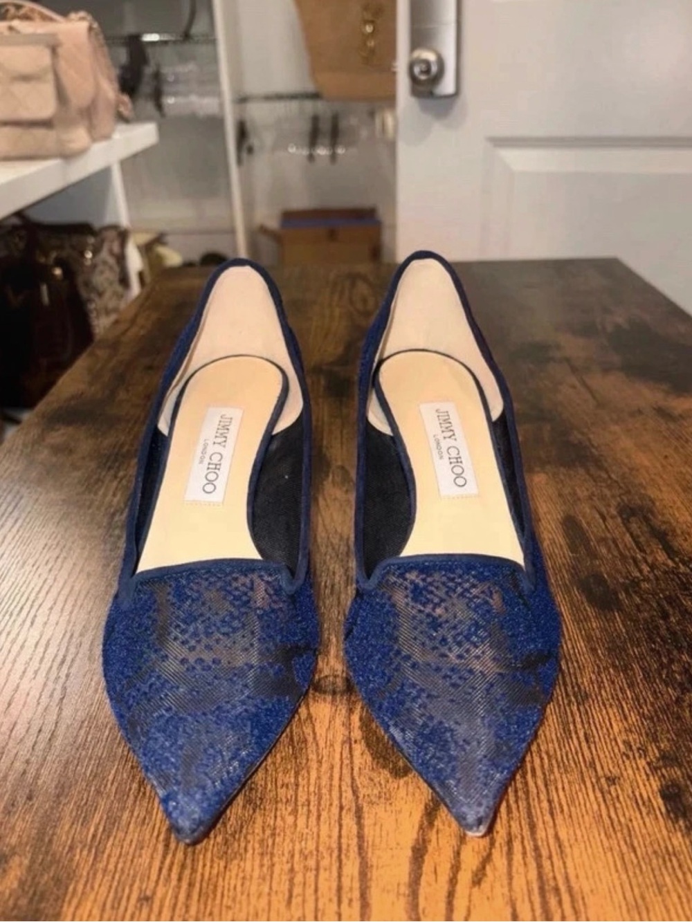✨ Authentic Jimmy Choo Navy Blue Lace & Mesh Pointed-Toe Kitten Heels ✨